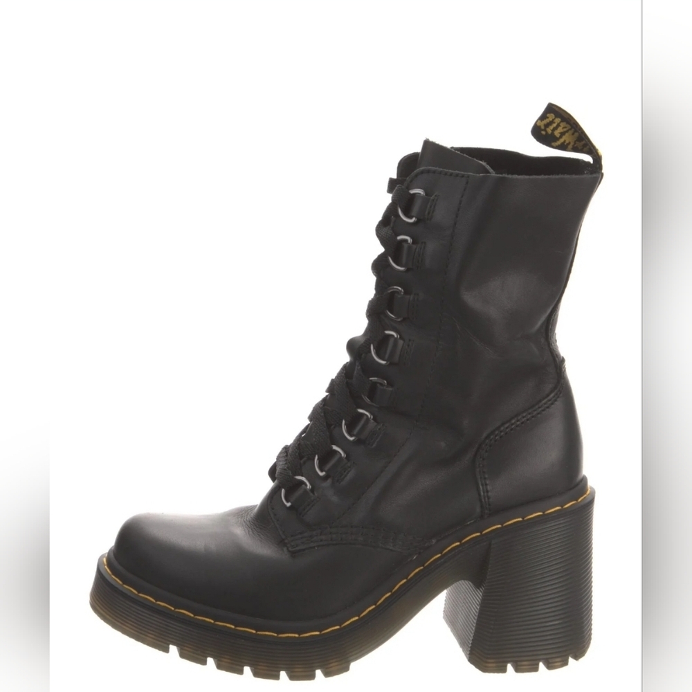 Dr. Martens Chesney Flared Heel Black Lace Up Combat Moto Boots 6